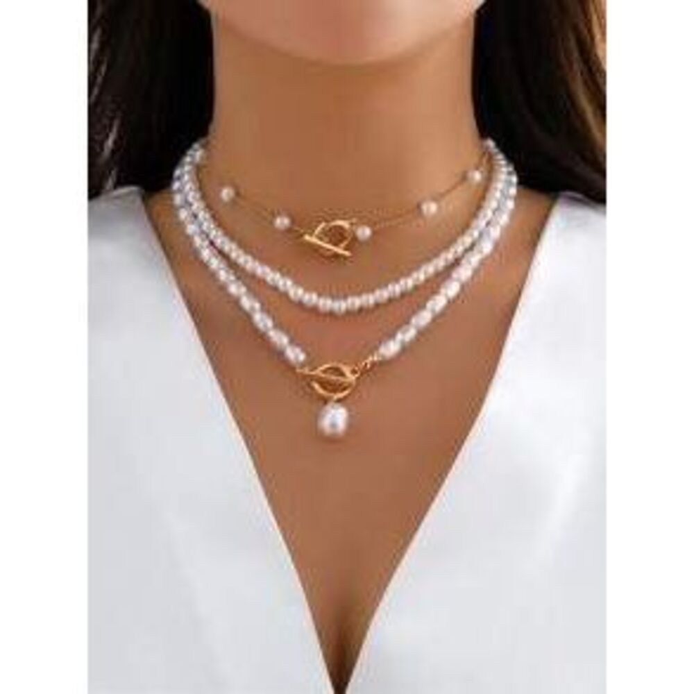 3pcs Vintage Asymmetrical Faux Pearl Pendant Geometric Hollow Out Beaded Neckla…